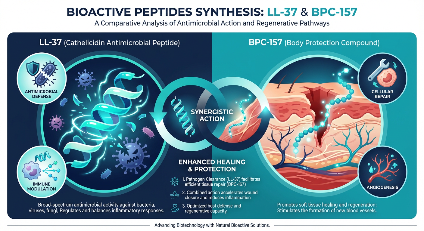 A comparison chart illustrating the different biological mechanisms of LL-37 and BPC-157 in gut health.