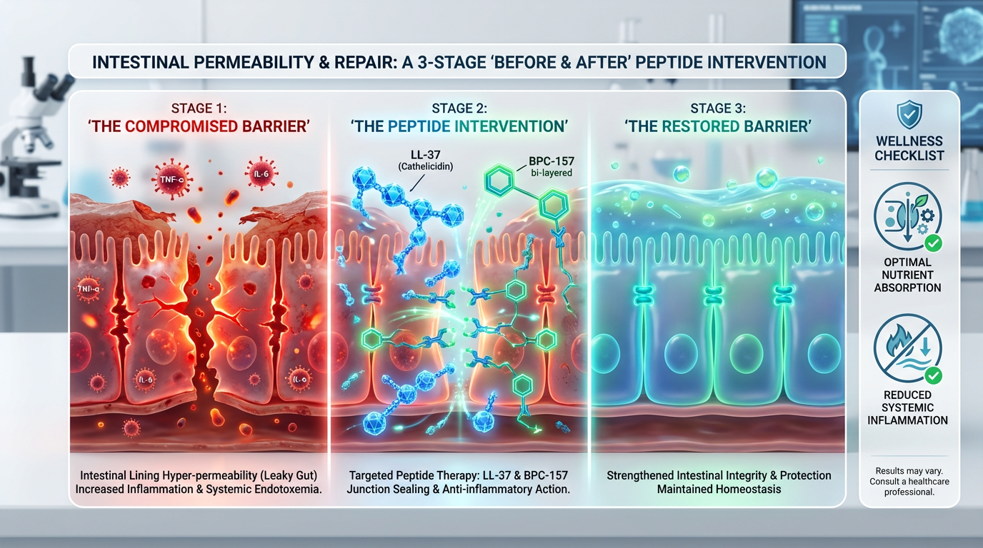 An infographic showing the transition from 'Leaky Gut' to a fortified intestinal lining through cellular repair.
