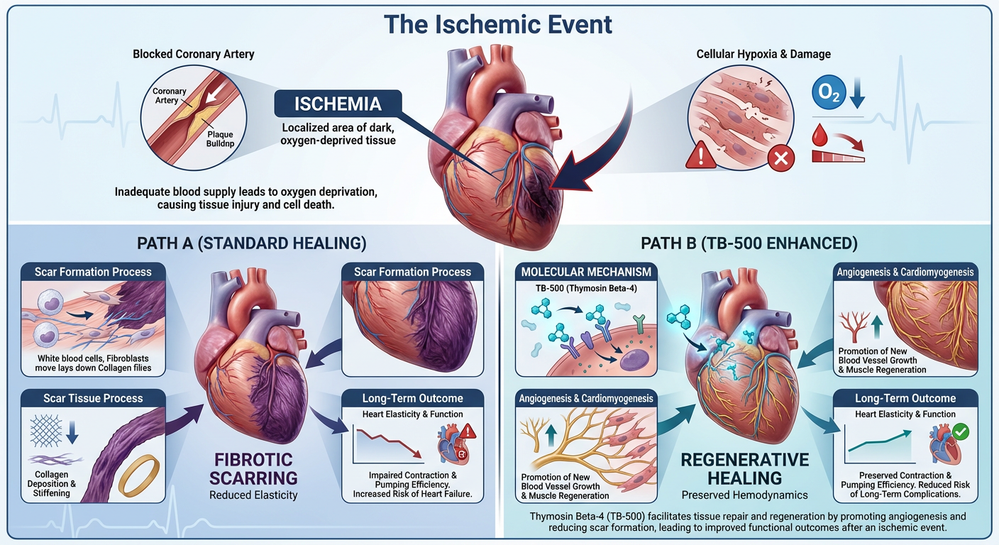 Infographic showing the transition of heart tissue from ischemia (oxygen starvation) to fibrotic scarring, contrasted with TB-500 assisted healing.