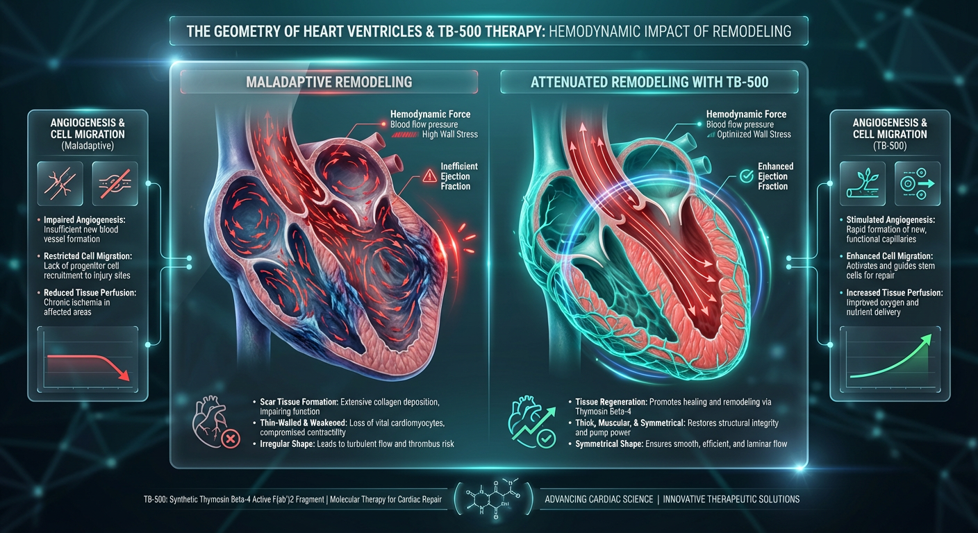 Diagram explaining Ventricular Modeling and how TB-500 influences cardiac shape and blood flow efficiency.