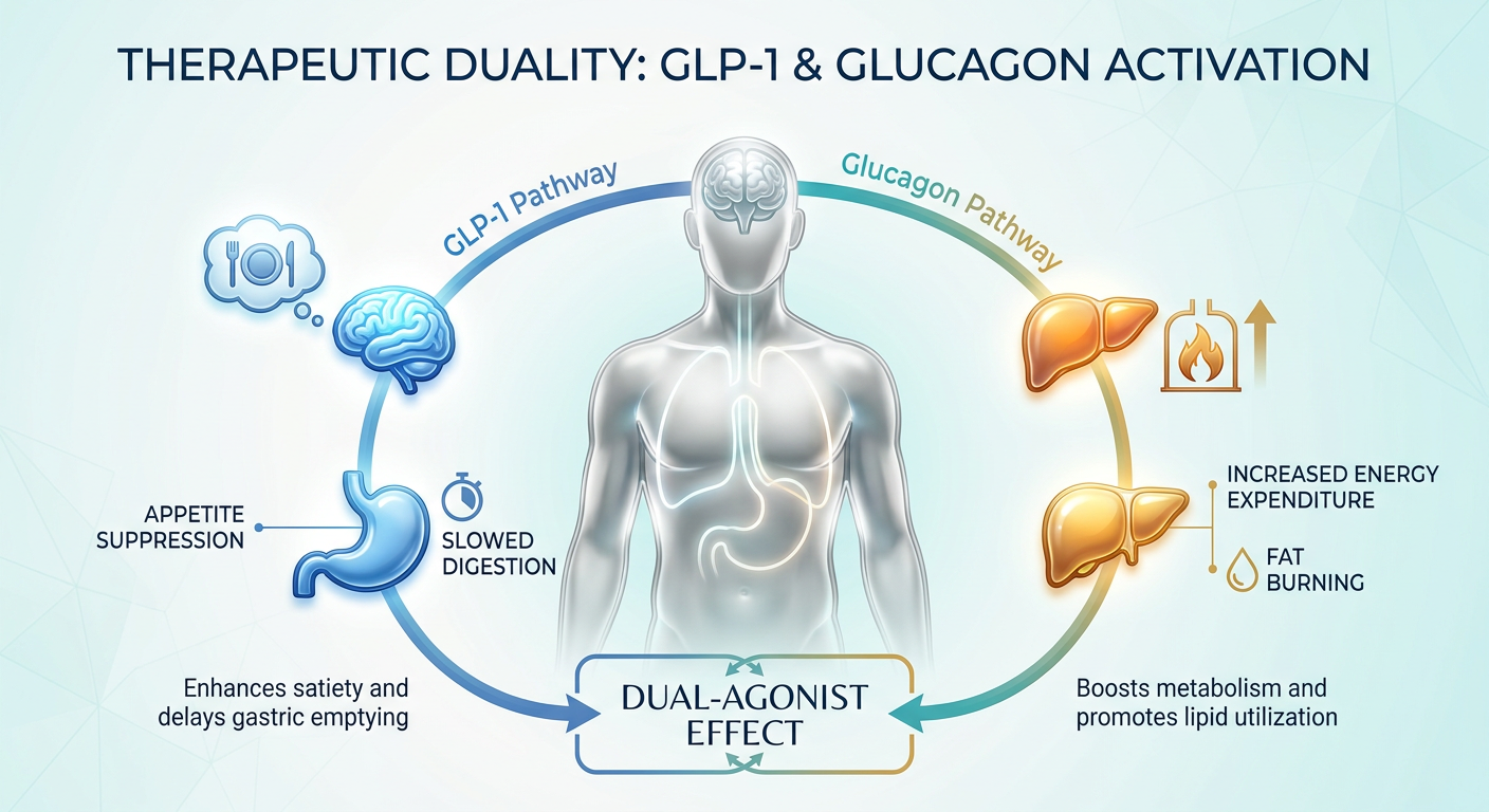 A scientific infographic showing the dual action of Oxyntomodulin on GLP-1 and Glucagon receptors, promoting satiety and energy expenditure.