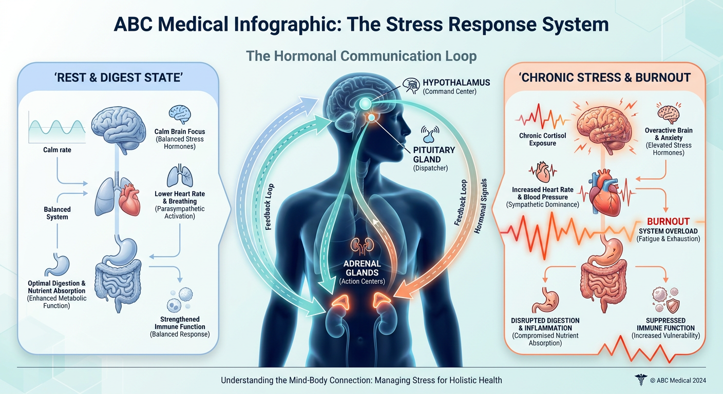 A scientific diagram showing the HPA Axis communication loop between the Hypothalamus, Pituitary Gland, and Adrenal Glands, with callouts for each organ's role in the stress response.