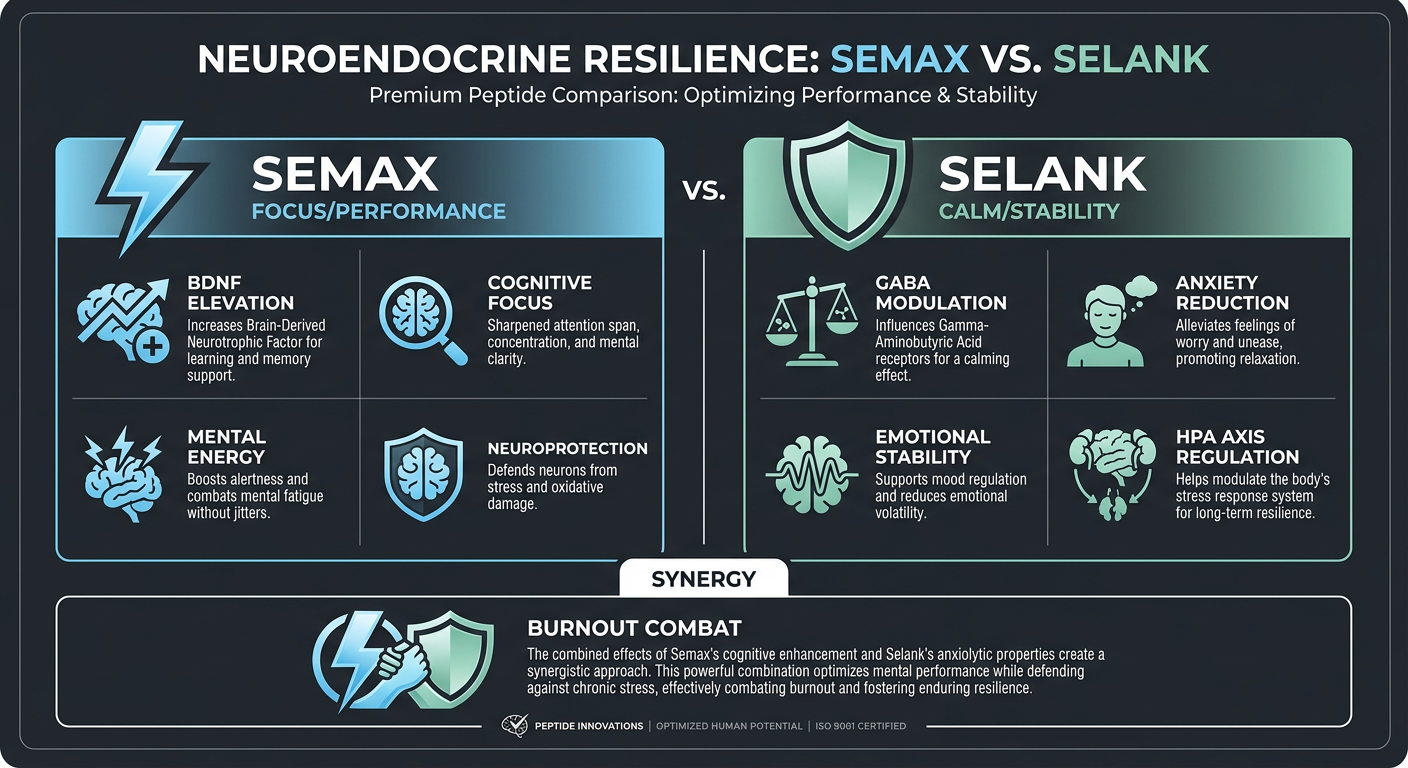 A comparison table infographic titled 'Semax vs. Selank' showcasing their different roles in neuroendocrine resilience and cognitive support.