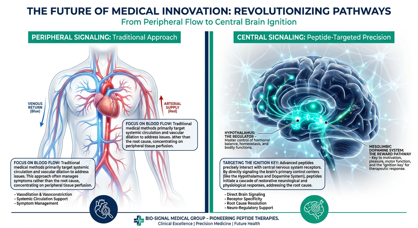 A side-by-side comparison infographic showing 'The Plumbing Approach' vs. 'The Brain-First Approach' to sexual health. On the left, a diagram of blood flow; on the right, a highlighted brain focusing on the hypothalamus and reward pathways.