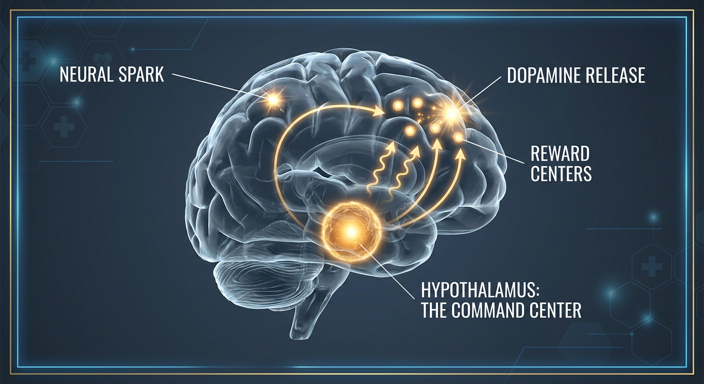A detailed anatomical diagram of the human brain highlighting the Hypothalamus and the Mesolimbic Dopamine System, labeled as the 'Command Center' for desire and reward.