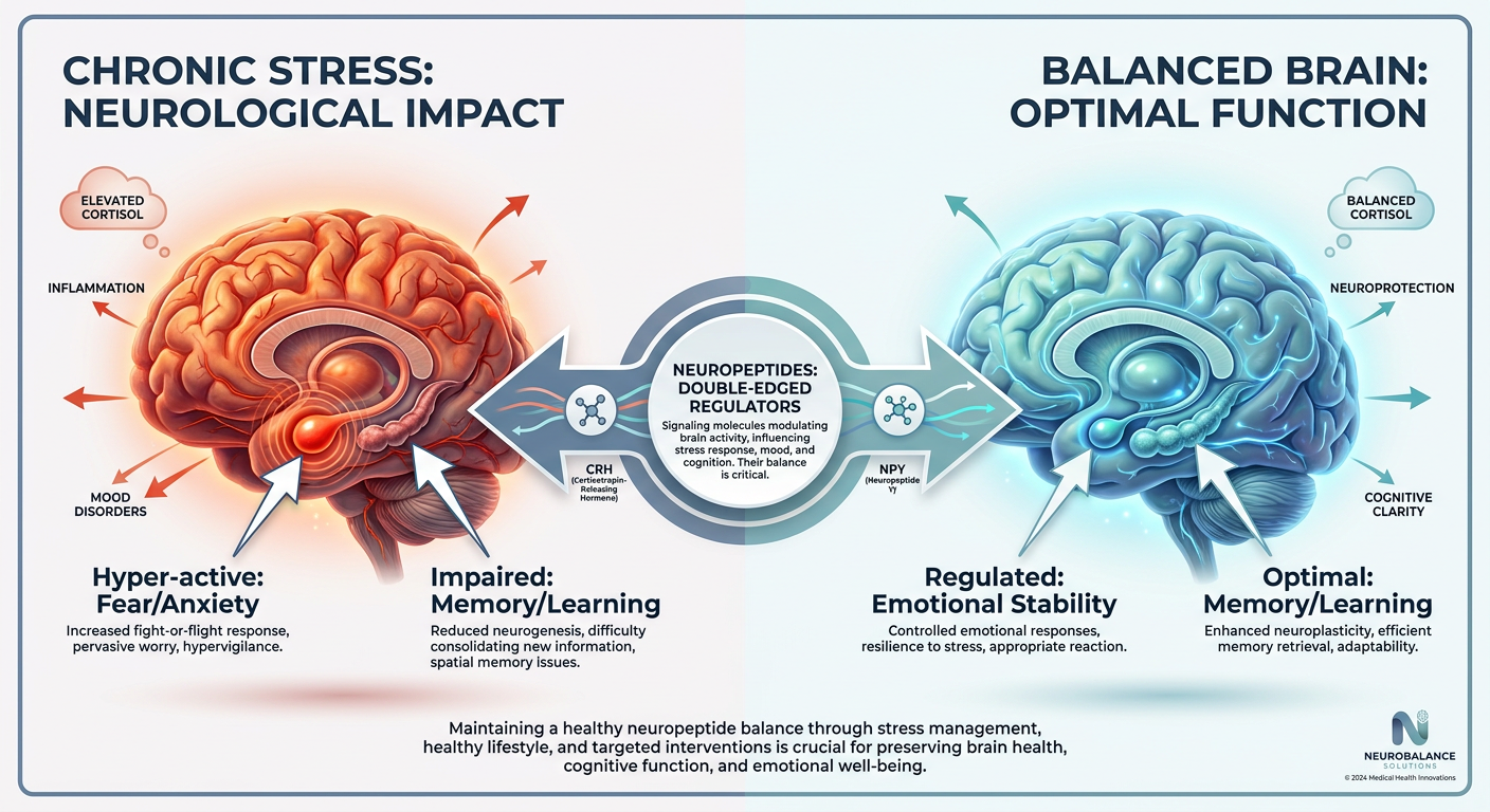 Infographic showing the physical effects of chronic stress on the brain, specifically the hippocampus and amygdala, contrasted with a balanced brain state.