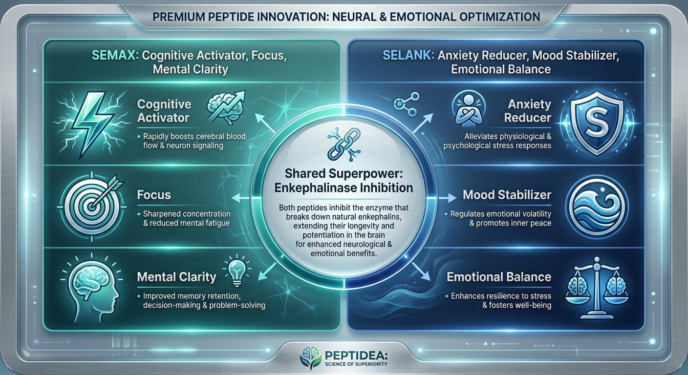 Comparison chart between Semax and Selank peptides, highlighting their primary benefits and shared enkephalinase inhibition mechanism.