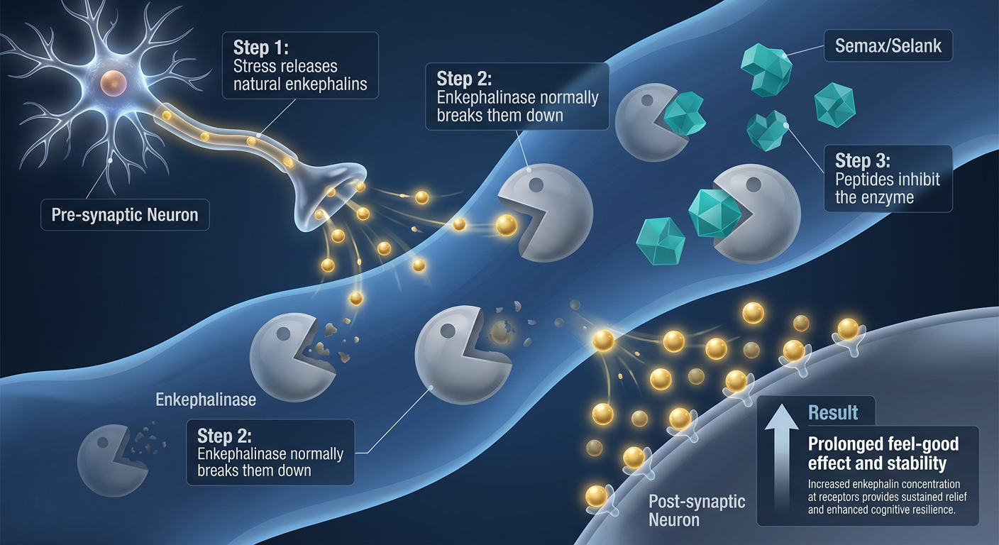 Diagram showing the biological mechanism of enkephalinase inhibition, where peptides protect feel-good enkephalins from degradation.