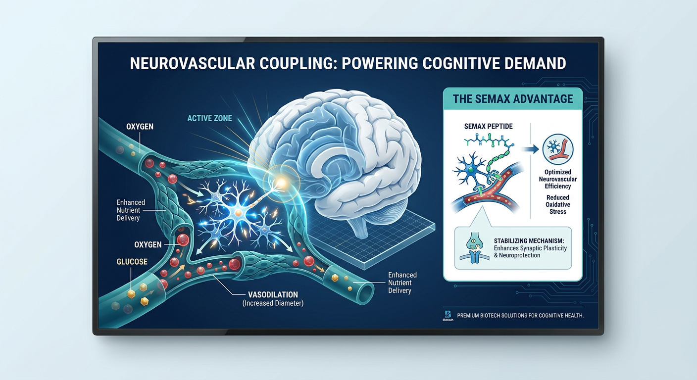 A medical-grade infographic illustrating Neurovascular Coupling, showing a network of neurons activating and blood vessels dilating to deliver oxygen and glucose. Includes the peptide Semax as a supporting factor.