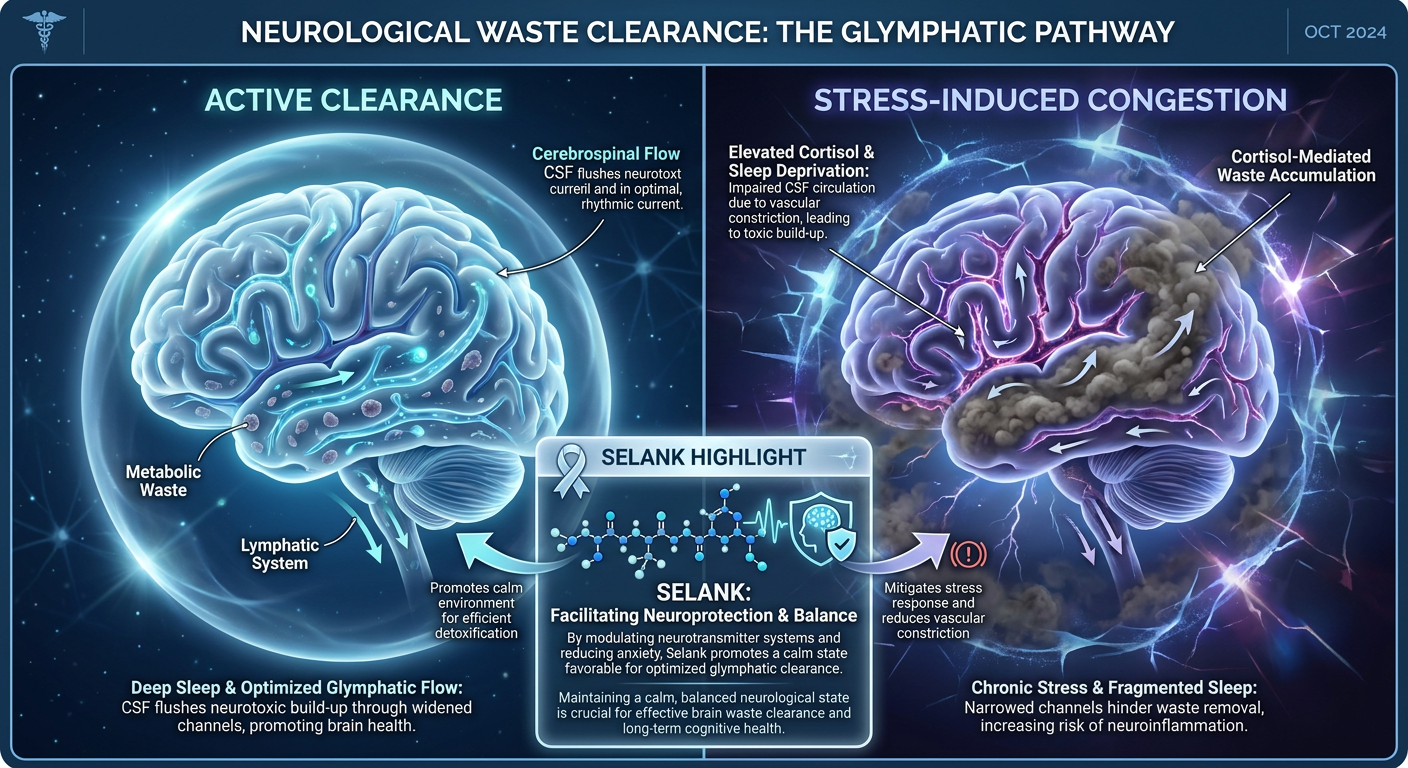 An infographic comparing a healthy Glymphatic System during sleep versus a stressed/congested system, highlighting the role of Selank in maintaining neural homeostasis.