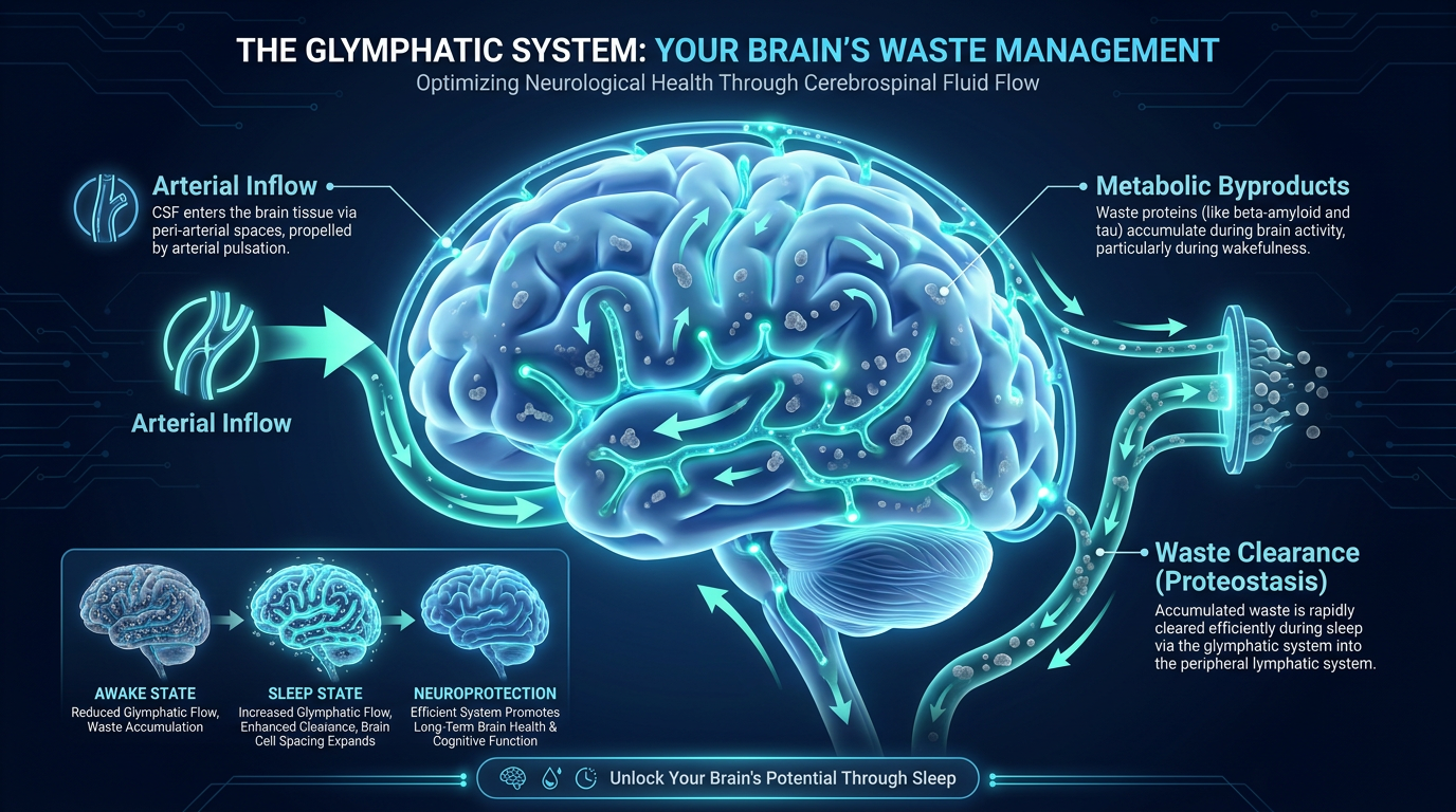 A cross-section illustration of the human brain showing the glymphatic system in action, labeled as the brain's internal plumbing.