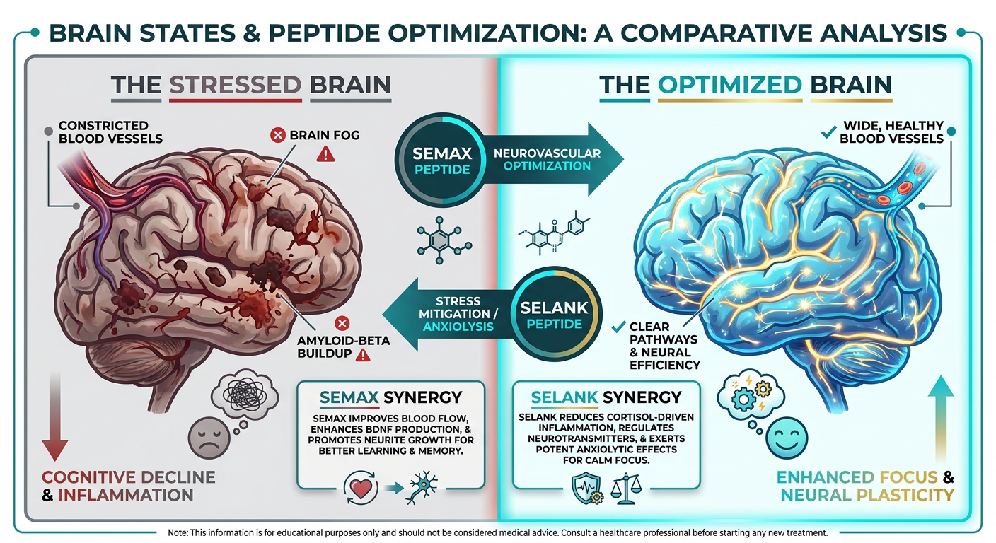 A comparison infographic showing a stressed vs. optimized brain, highlighting the roles of Semax and Selank.