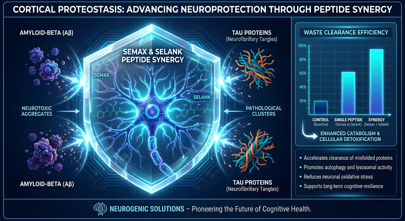 A 3D model of a neuron being protected by a shield, representing the neuroprotective properties of the peptides.