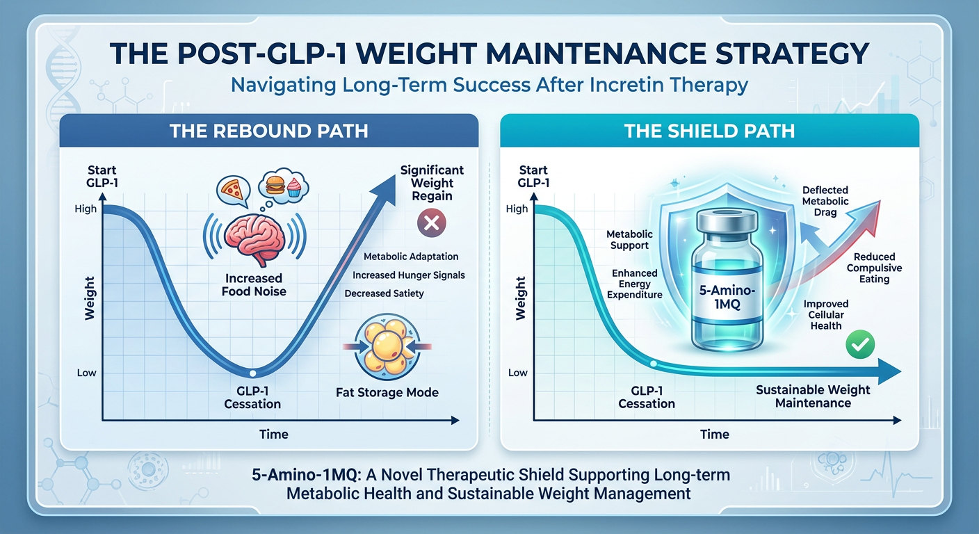 An infographic comparing the weight loss journey of two individuals: one experiencing the GLP-1 rebound effect and the other using 5-Amino-1MQ as a metabolic shield.