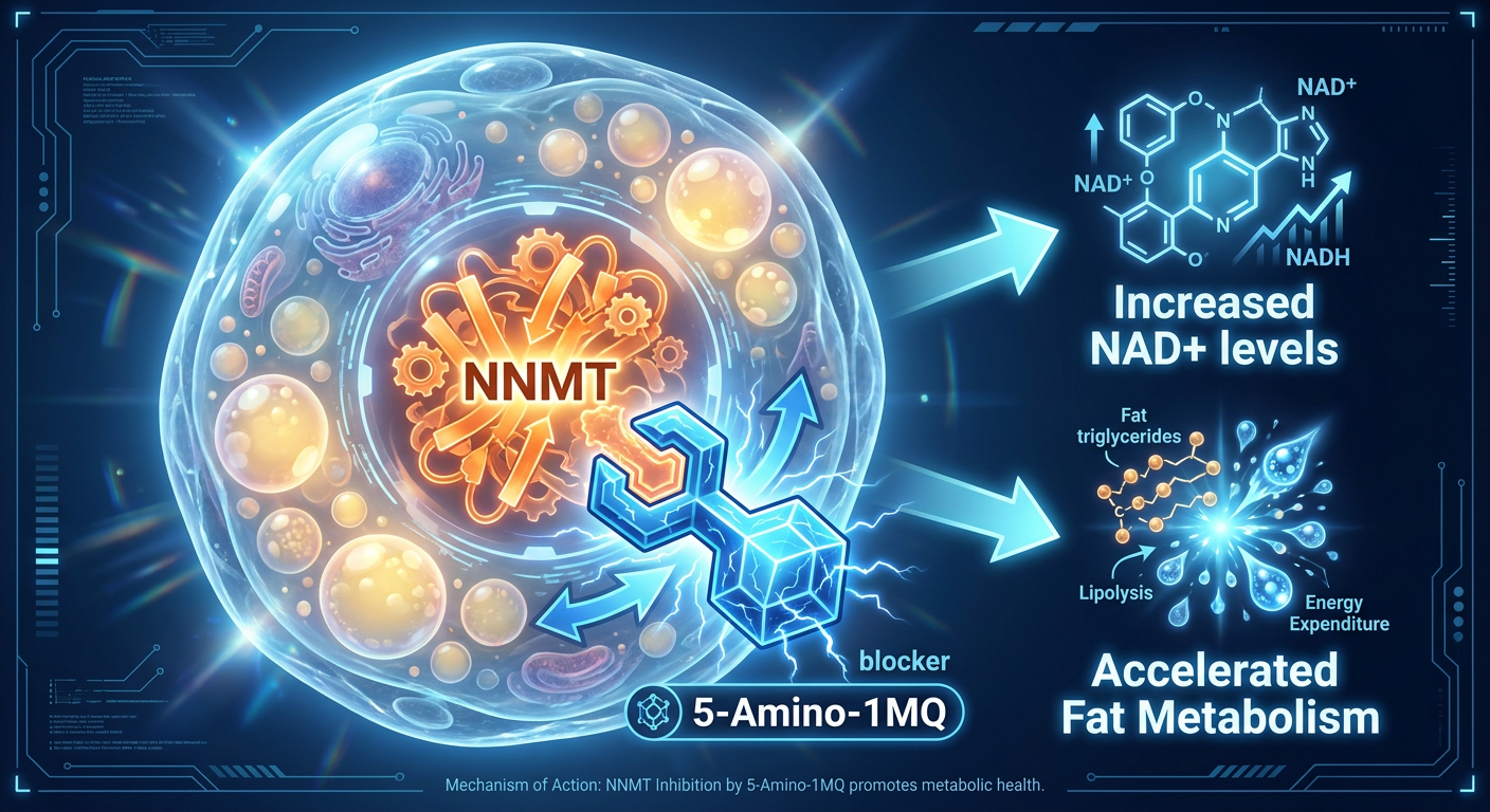 A scientific diagram of a fat cell illustrating the role of the NNMT enzyme and how 5-Amino-1MQ inhibits it to increase energy expenditure.