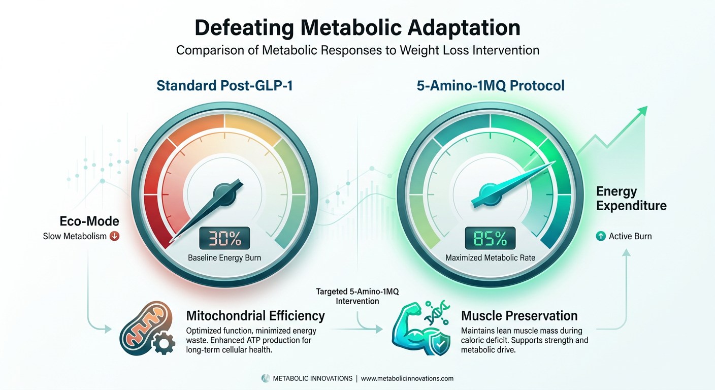 A comparative chart showing the metabolic difference between a standard post-diet metabolism and a metabolism supported by NNMT inhibition.