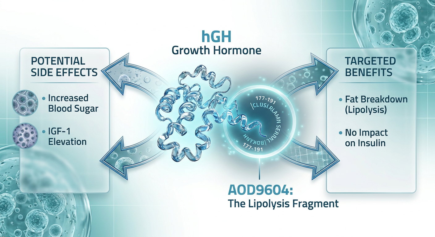 An infographic comparing the molecular structure and biological impact of full-chain Growth Hormone versus the AOD9604 fragment, highlighting the 'Fat Burning Zone' vs the 'Systemic Side Effect Zone'.