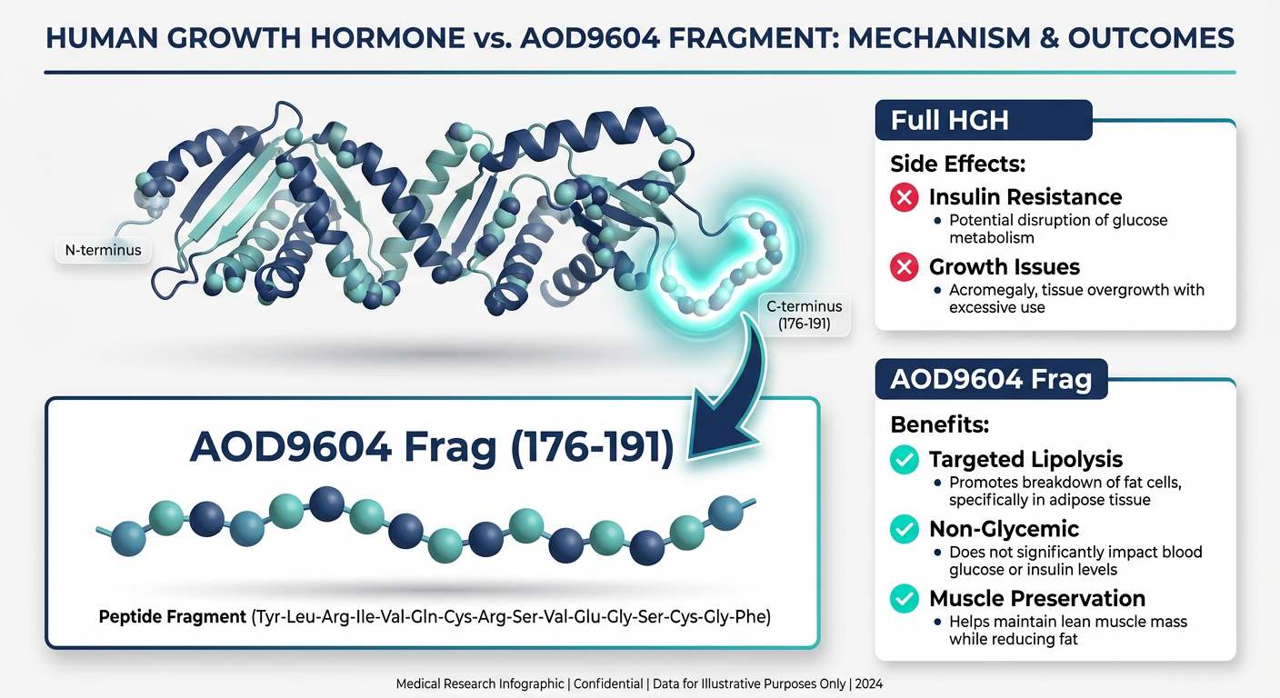 A scientific diagram comparing full-length Human Growth Hormone (HGH) to the specific AOD9604 fragment, highlighting the isolation of the fat-burning C-terminus region.