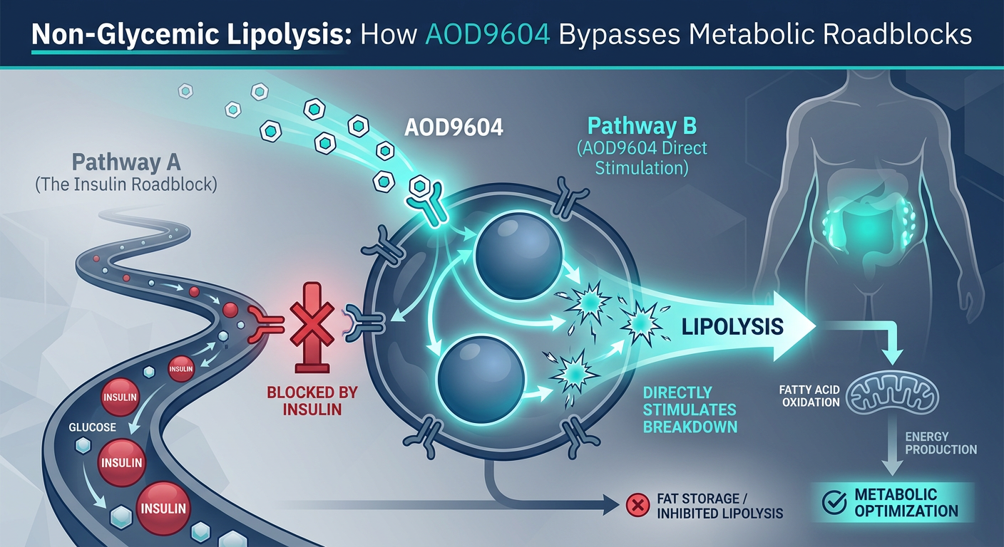 A cross-section diagram of a human torso showing the difference between visceral and subcutaneous fat, with icons representing AOD9604 targeting metabolic pathways.