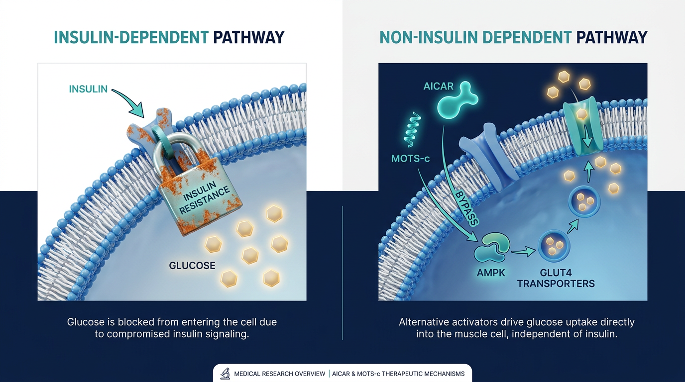 A scientific infographic comparing the standard insulin-dependent glucose pathway with the non-insulin-dependent pathway activated by <a href=