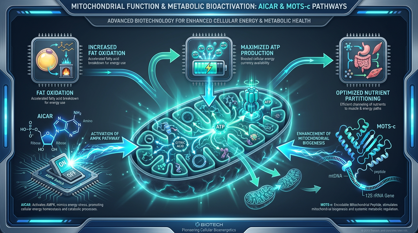A detailed infographic showing the AICAR and MOTS-c axis and its effects on mitochondrial health and cellular energy.