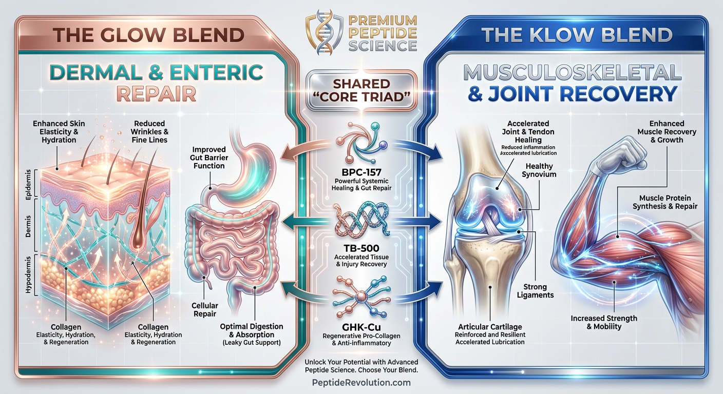 A comparison infographic titled 'Organ-Specific Regenerative Bias' showing the different targets of GLOW vs KLOW peptide blends.