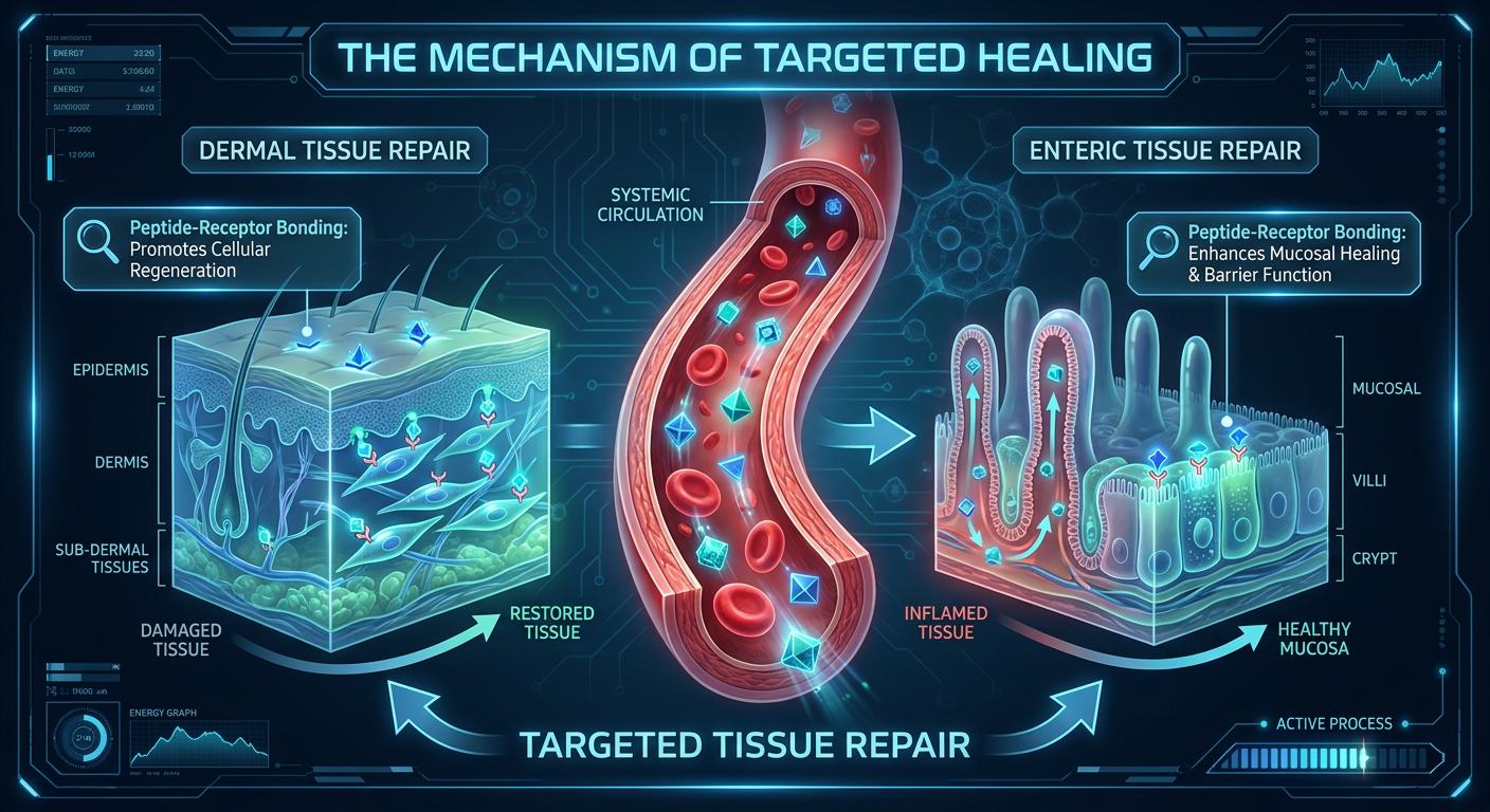 An infographic diagram showing the systemic transport of peptides from the bloodstream to specific tissue types like the gut and skin.