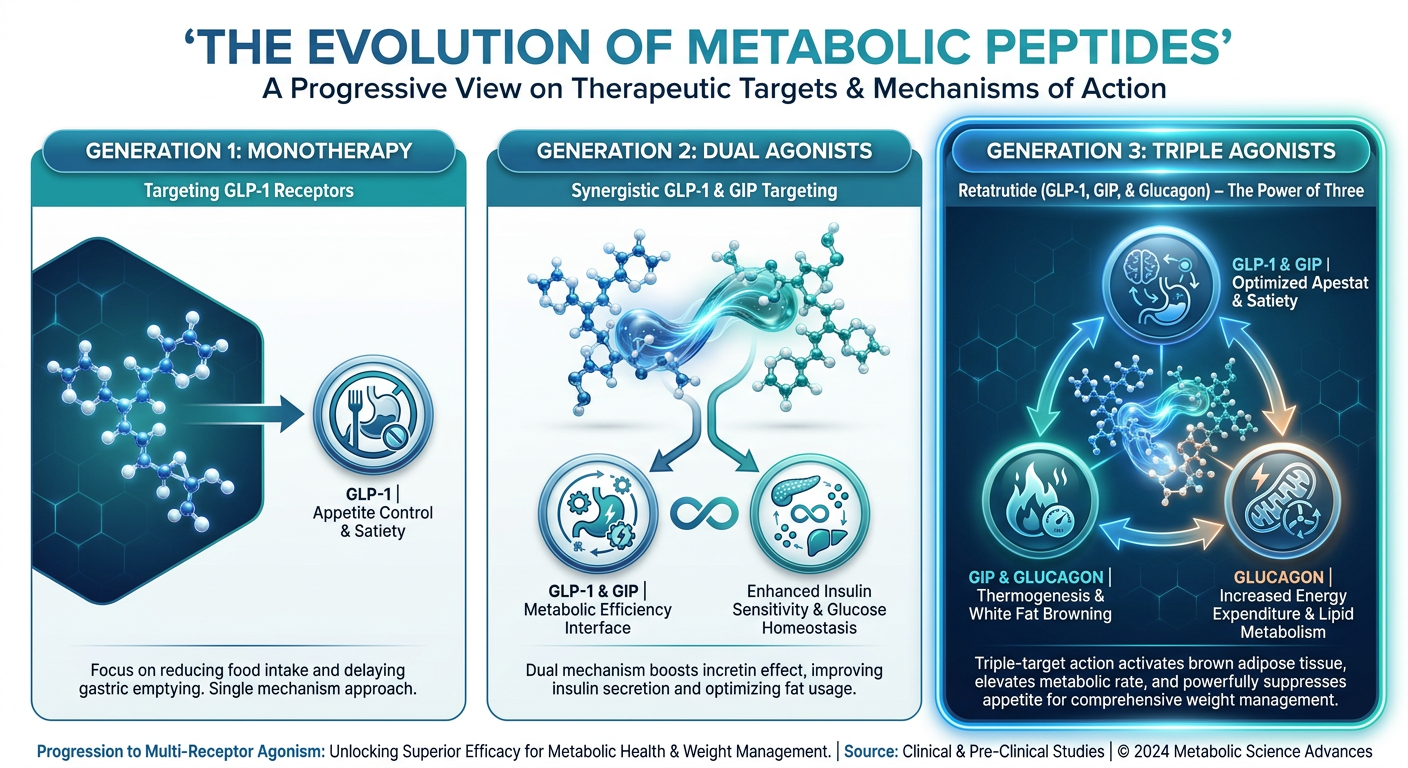 A technical medical infographic comparing 1st, 2nd, and 3rd generation metabolic peptides, showing the progression from <a href=