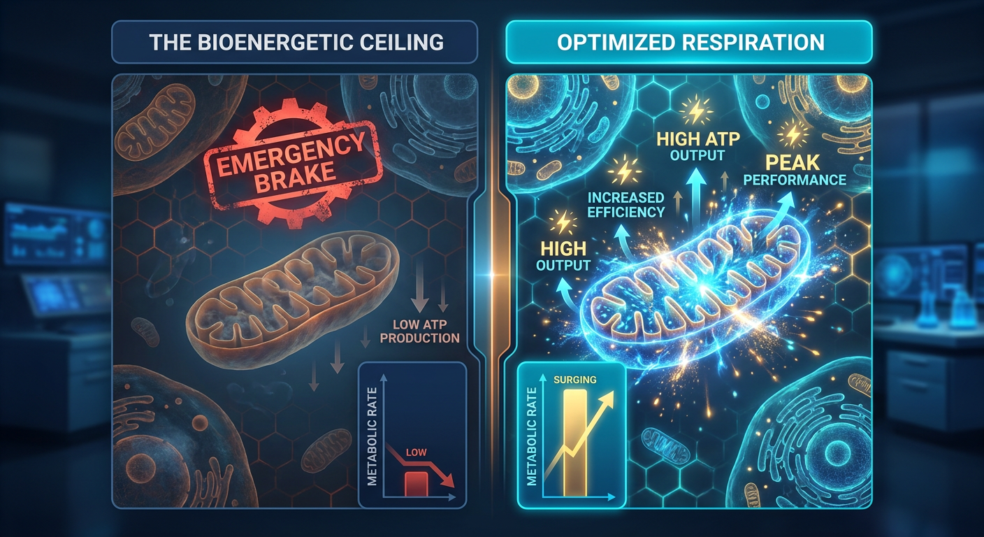 An anatomical and cellular infographic illustrating the 'Bioenergetic Ceiling' effect versus an optimized state.