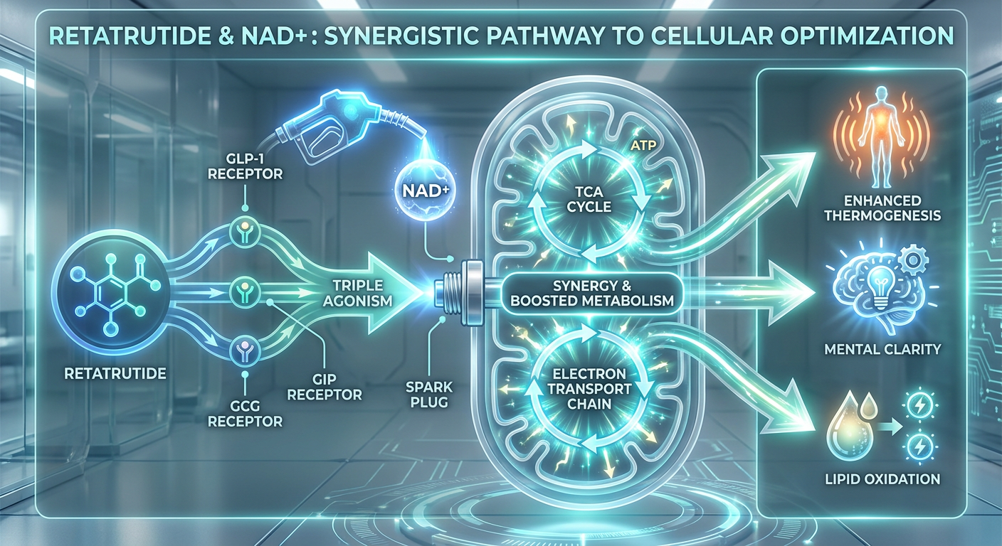 A biochemical pathway infographic showing the synergy between Retatrutide and NAD+ on mitochondrial function.