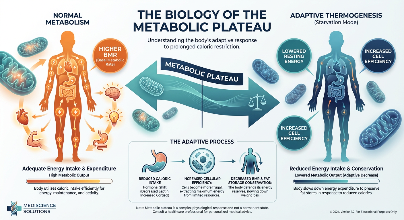 A scientific diagram illustrating the biological mechanism of adaptive thermogenesis, showing how the body's Basal Metabolic Rate drops during a caloric deficit.