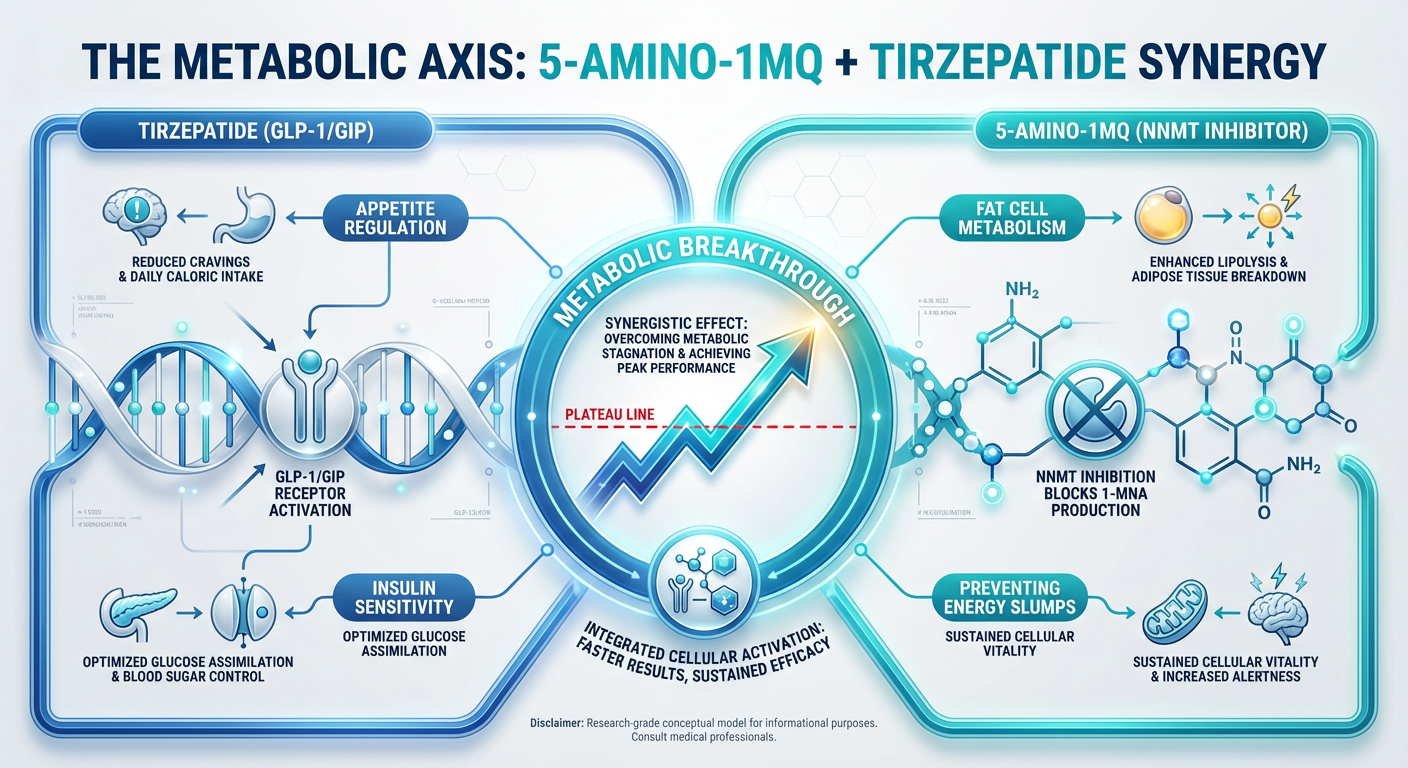 A dual-pathway infographic showing the synergistic effects of 5-Amino-1MQ and Tirzepatide on metabolic health and fat loss.