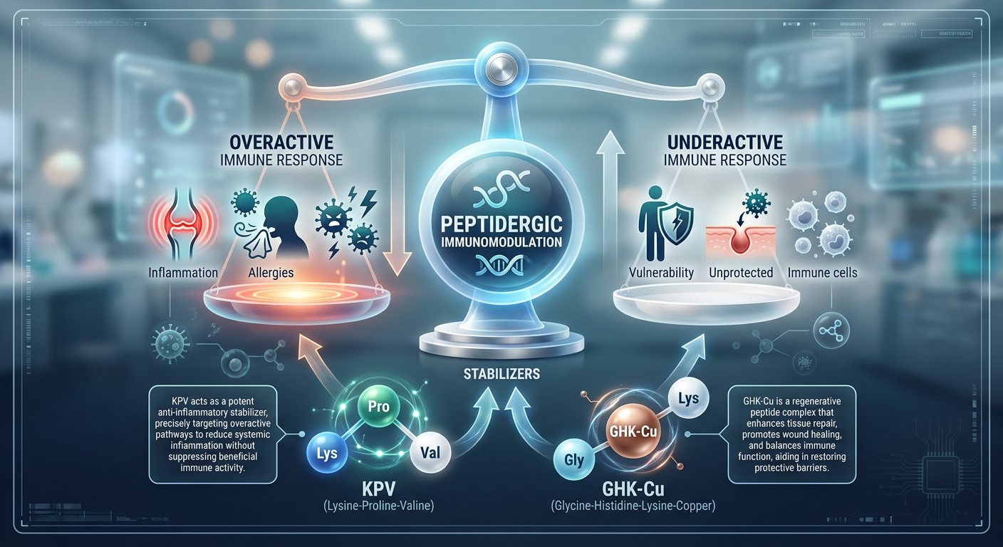 A medical infographic titled 'Peptidergic Immunomodulation' showing the mechanism of KPV and <a href=