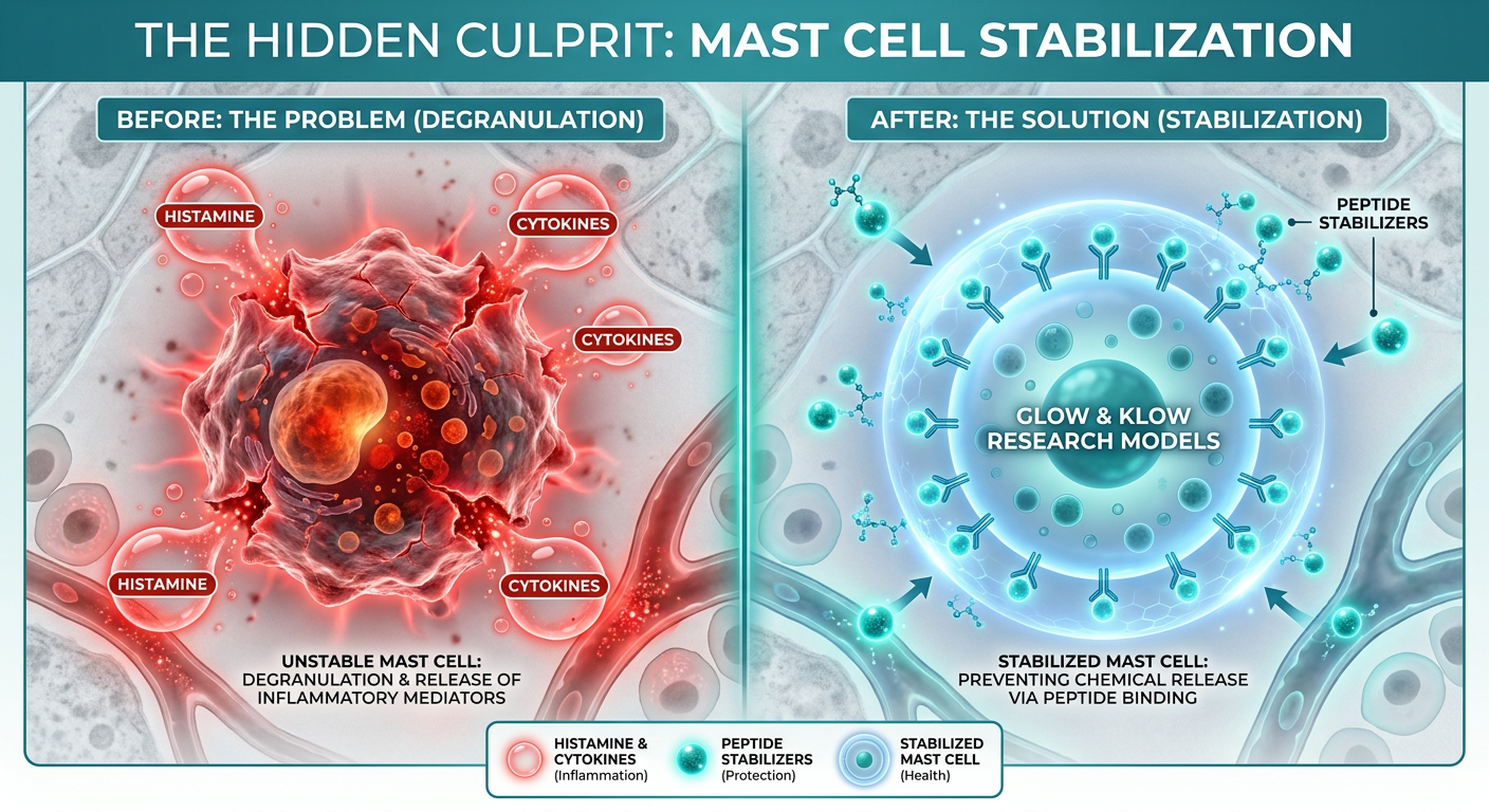 An infographic labeled 'The Mast Cell Response' showing a 'stabilized' mast cell versus a 'degranulating' mast cell with histamine release.