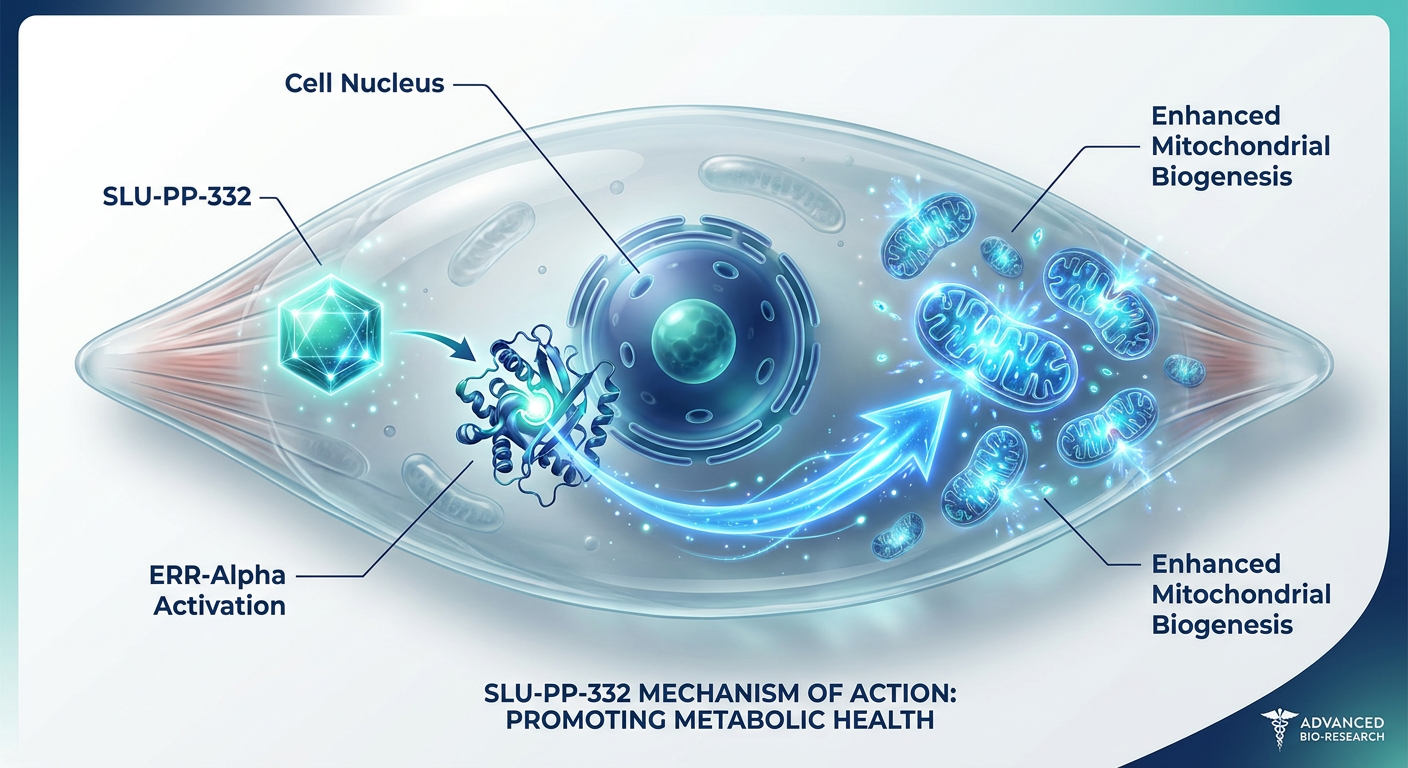 A high-quality scientific infographic showing SLU-PP-332 activating the ERR-Alpha receptor within a muscle cell, leading to increased ATP and mitochondrial density.