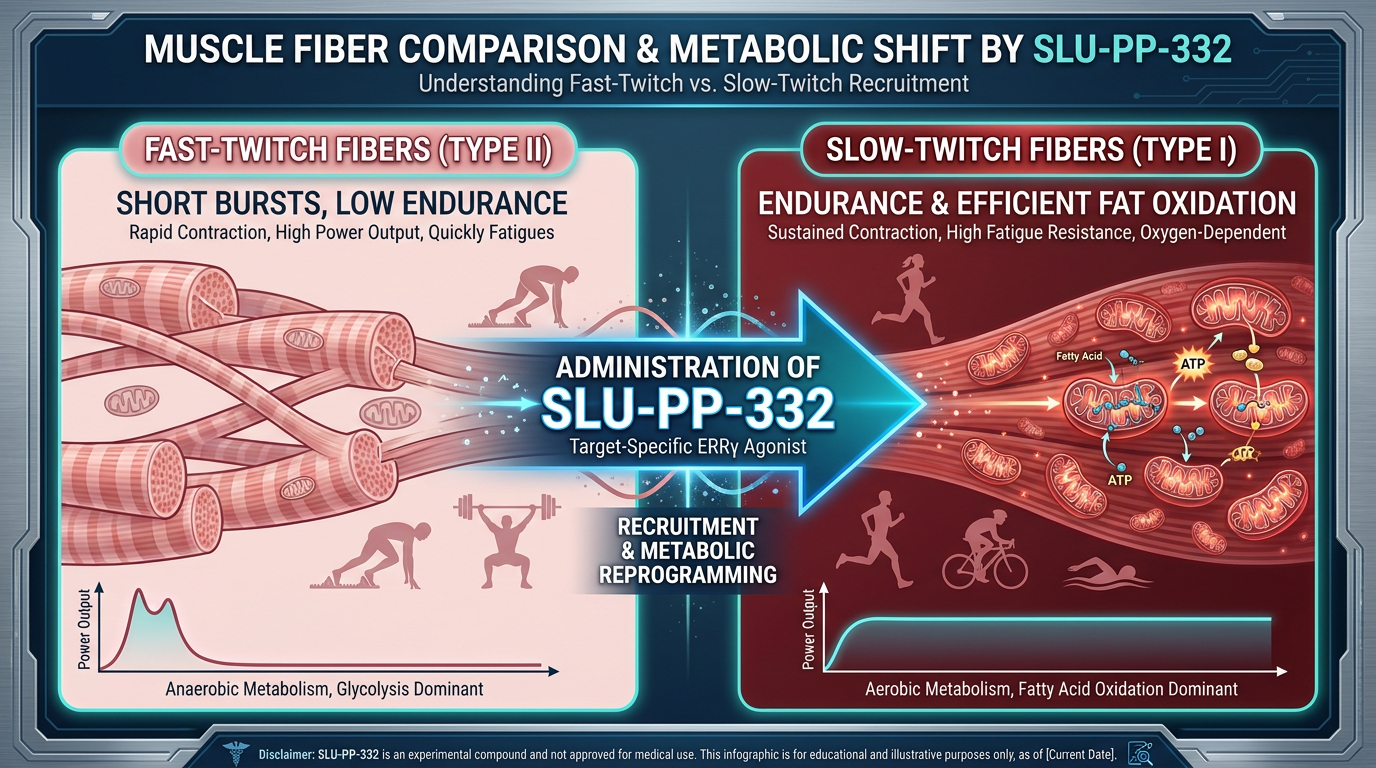 A comparison infographic showing the difference between Fast-Twitch and Slow-Twitch muscle fibers, highlighting SLU-PP-332's role in promoting endurance-based fibers.