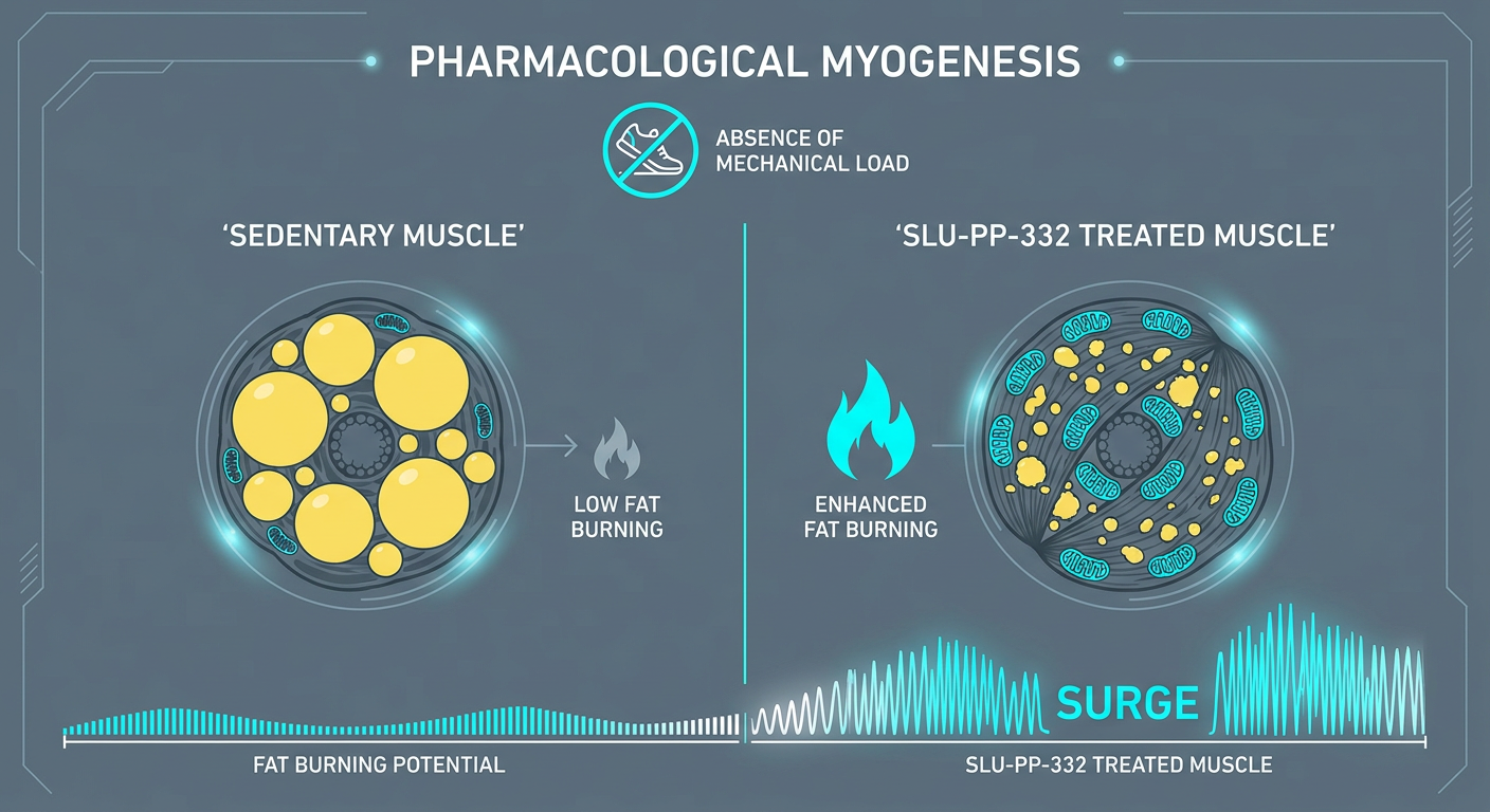 An infographic demonstrating the metabolic effects of SLU-PP-332, comparing sedentary muscle versus muscle treated with an exercise mimetic, showing fat loss and increased energy.