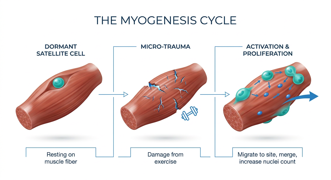 A medical infographic titled The Myogenesis Cycle showing muscle fiber repair through satellite cell activation.