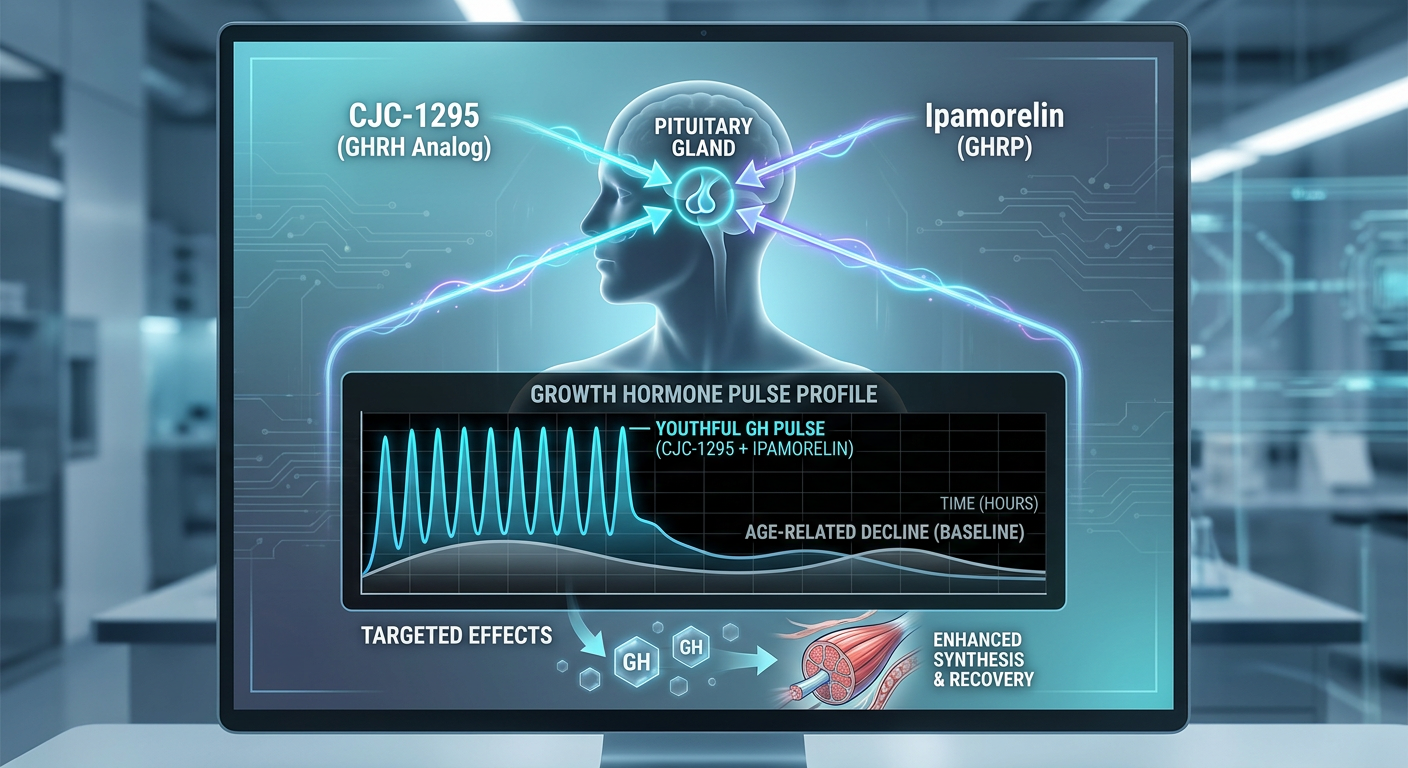 An infographic showing the synergistic effect of CJC-1295 and Ipamorelin on the pituitary gland to release growth hormone.