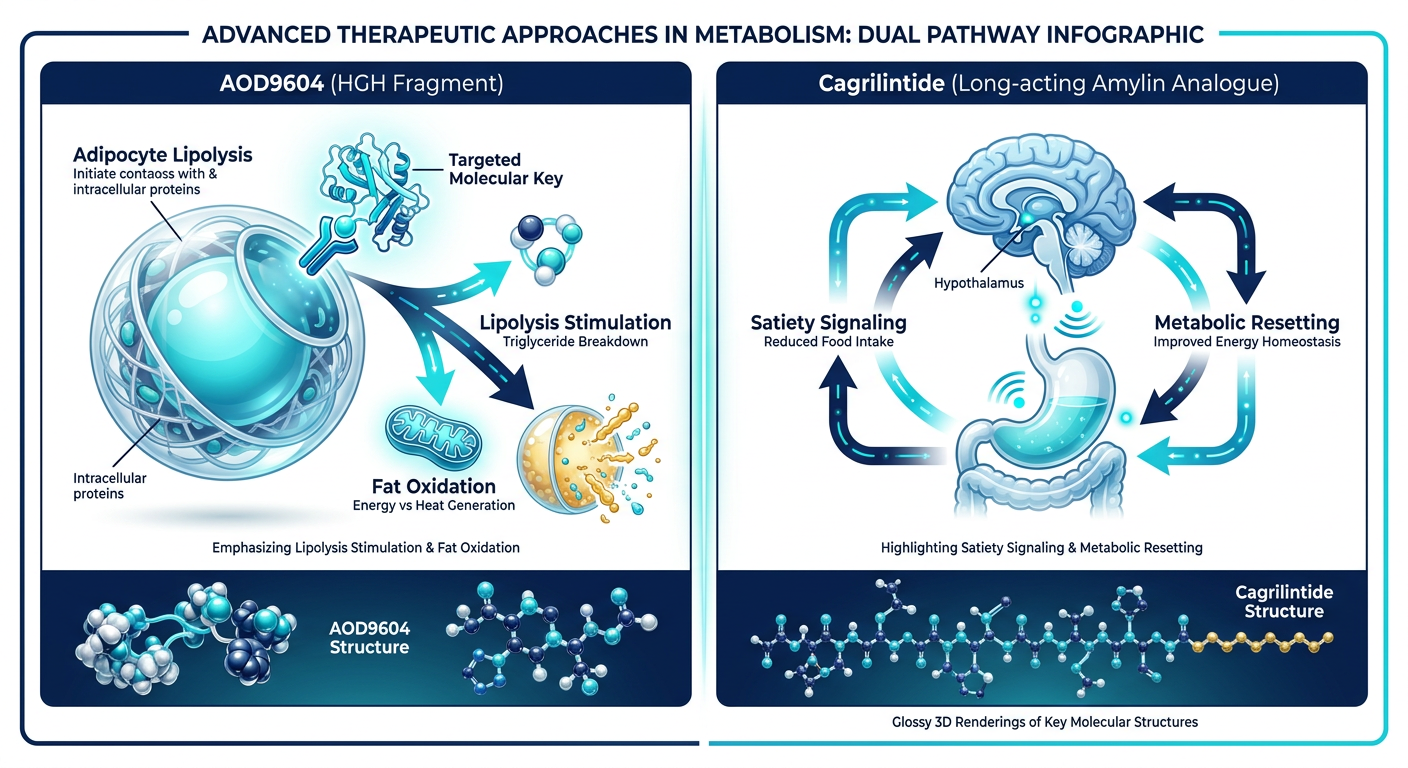 A medical infographic comparing the metabolic mechanisms of AOD9604 and Cagrilintide, showing fat cell breakdown and appetite control centers.