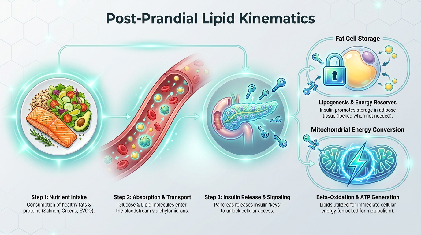 A flow chart illustrating Post-Prandial Lipid Kinematics, showing the journey of fat from a plate of food to cellular storage or energy use.