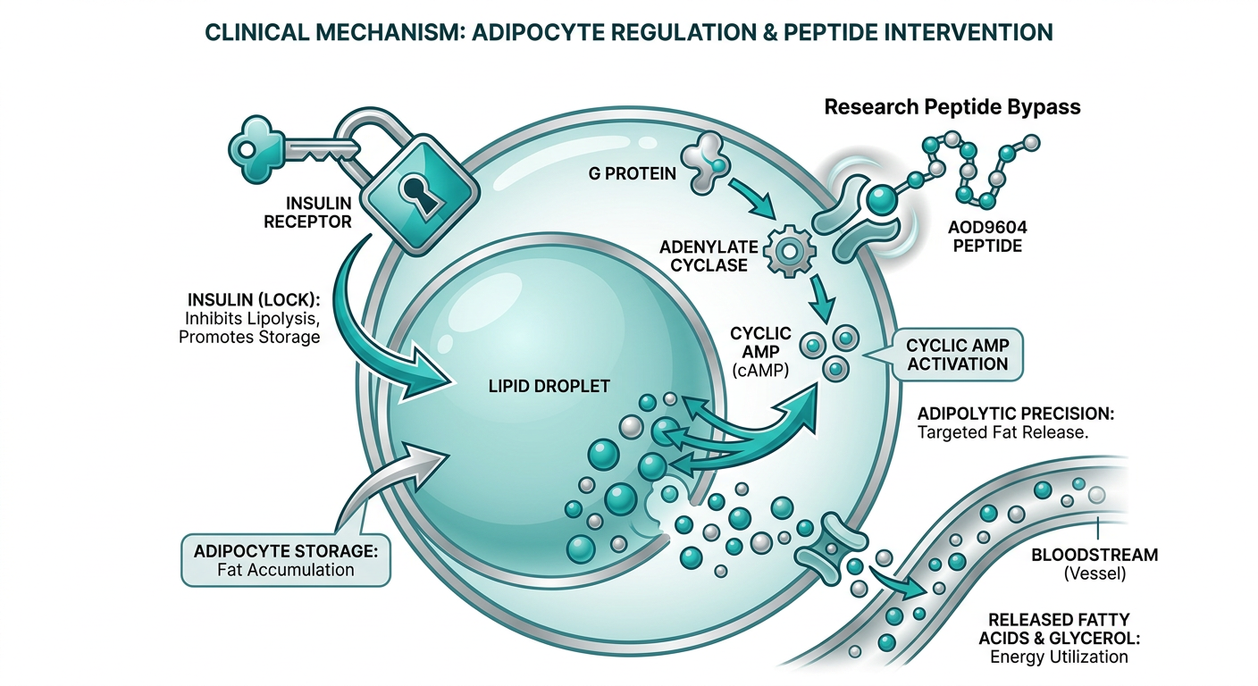 A diagram of a fat cell showing how insulin acts as a lock and how research compounds bypass this to trigger lipolysis.