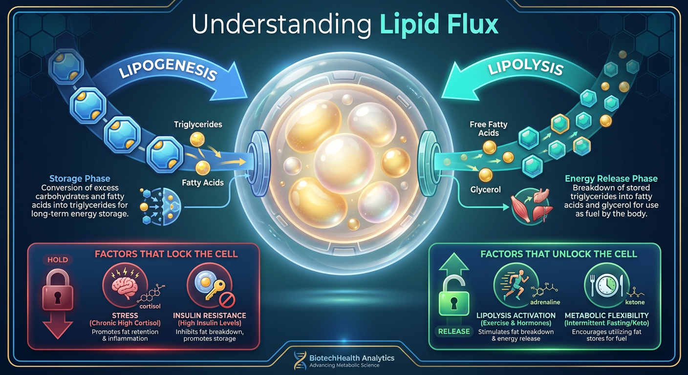 A professional medical infographic comparing Lipogenesis and Lipolysis within a fat cell (adipocyte), showing triglycerides entering and free fatty acids exiting.