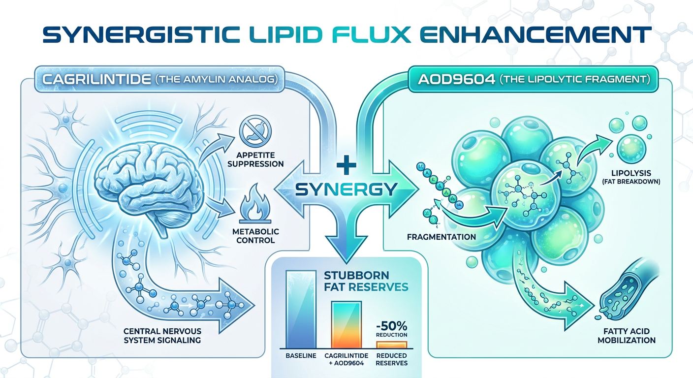 An infographic showing the synergistic relationship between Cagrilintide and AOD9604, highlighting appetite control and fat targeting.