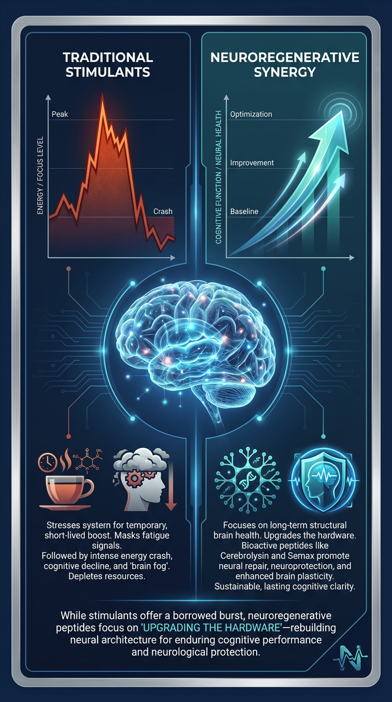 A professional medical infographic comparing cognitive fatigue management: Stimulants vs. Neuroregenerative Peptides. The left side shows a jagged 'Crash' cycle, while the right side shows a steady 'Growth' trajectory using a brain icon.