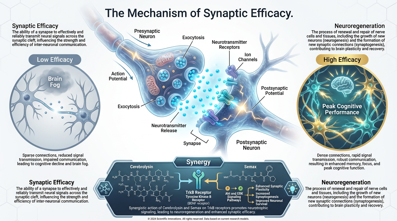 A detailed scientific diagram titled 'Understanding Synaptic Efficacy,' illustrating two neurons communicating across a synapse. High-efficacy synapses are shown as bright, thick connections, while low-efficacy ones are dim and fragmented.