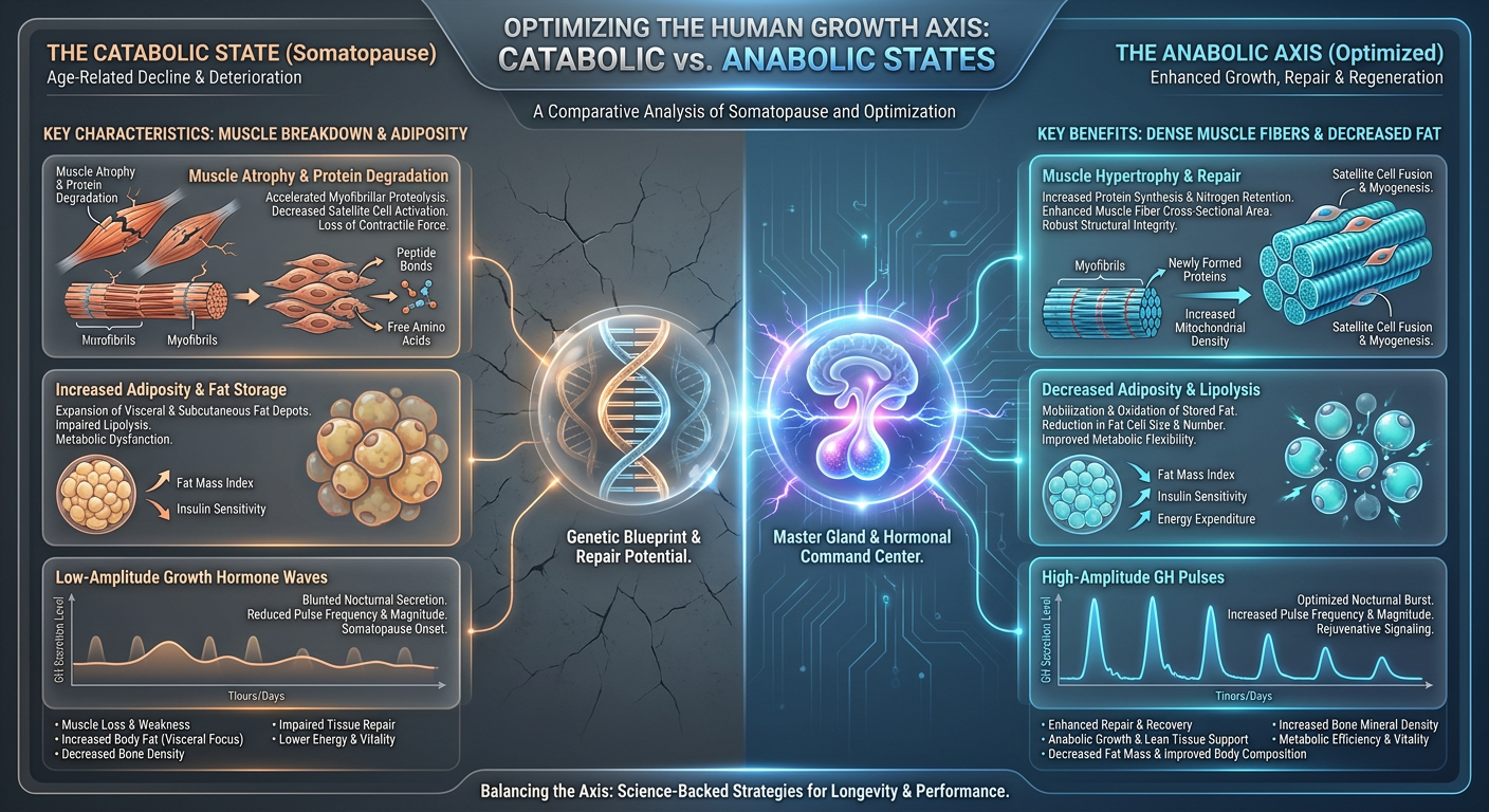 A comparison chart titled 'Anabolic vs. Catabolic' showcasing the effects of age-related GH decline versus peptide-optimized recovery.