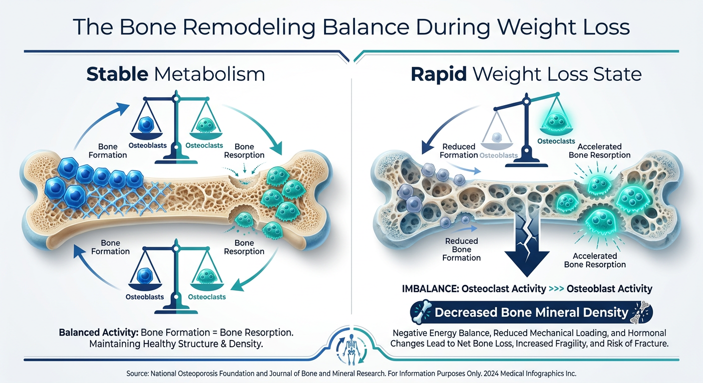 A scientific infographic titled 'The Bone Remodeling Balance During Weight Loss' comparing stable bone health vs. rapid weight loss states using 3D bone cell illustrations.