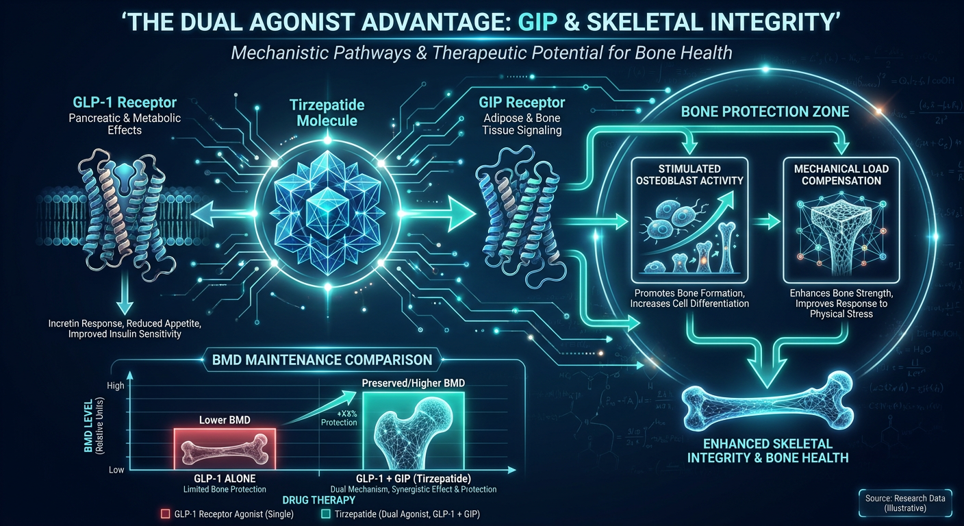 An infographic showing the dual action of Tirzepatide on GLP-1 and GIP receptors, focusing on the protective role of GIP in bone health.