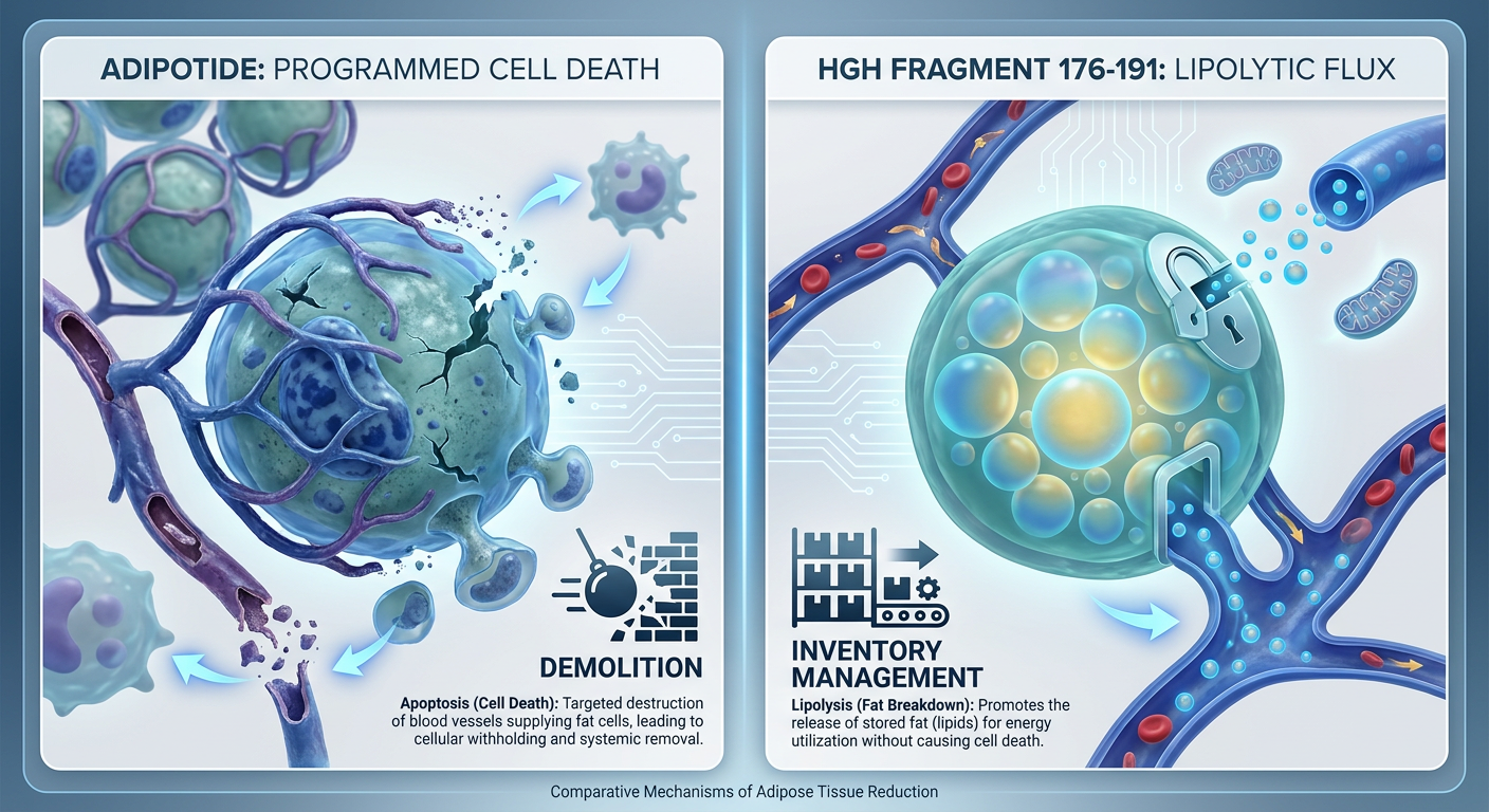 A scientific comparison infographic showing the mechanisms of action for Adipotide and HGH Fragment 176-191 on fat cells.